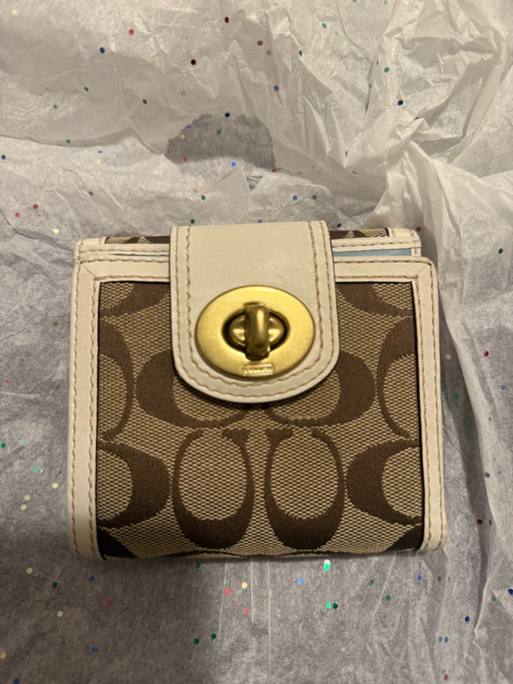 Coach Brown and Cream Signature Canvas Turnlock Wallet